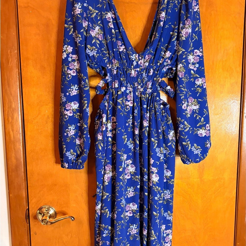 Forever 21 Royal Blue Floral Long Sleeve Maxi Dress